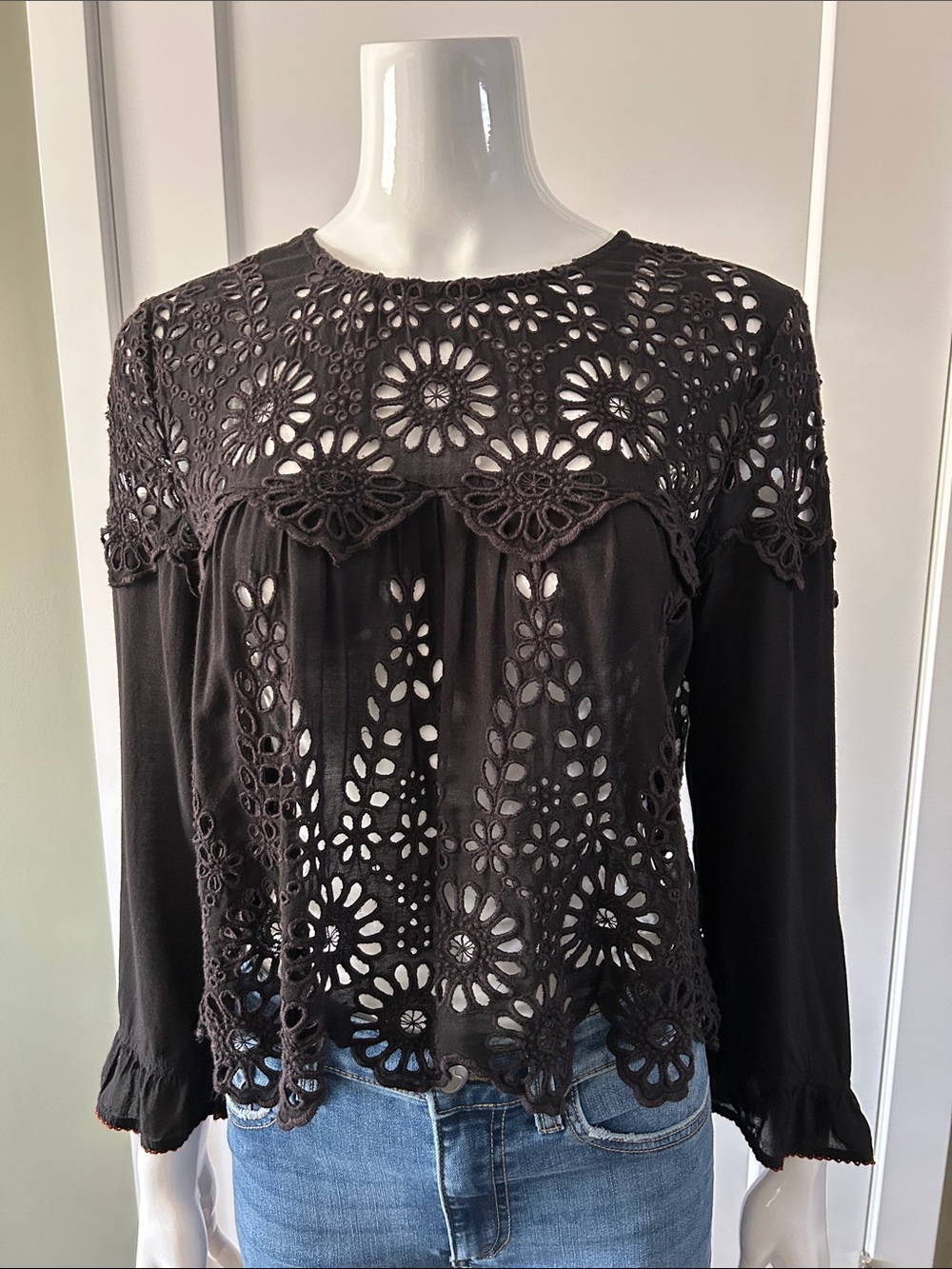 GANNI Emile Viscose Lace Top | Black Floral Eyelet Blouse | IT 42 Small-Medium - Picture 12 of 16